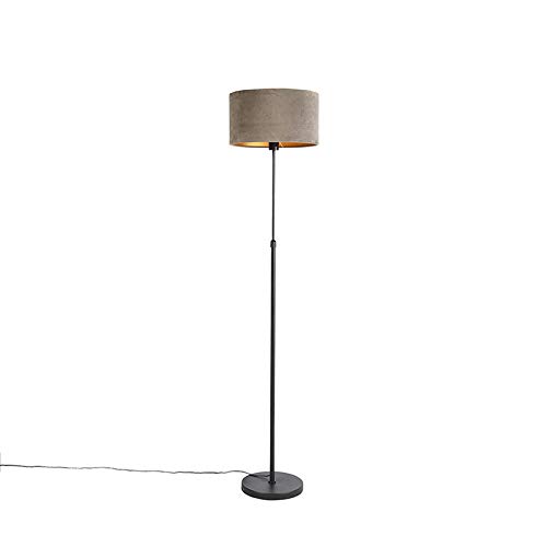 Qazqa - Landhaus I Vintage I Rustikal Stehlampe schwarz mit Samtschirm taupe mit Gold I Messing 35 cm - Parte I Wohnzimmer I Schlafzimmer - Stahl Zylinder I Länglich I Rund - LED geeignet E27 von Qazqa