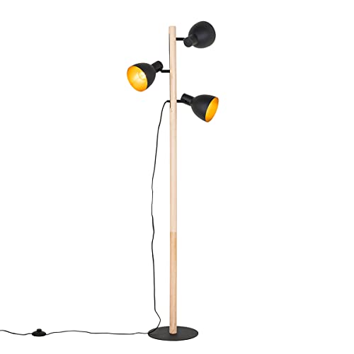 Qazqa - Landhaus I Vintage Ländliche Stehlampe schwarz mit Holz 3-flammig – Flint I Wohnzimmer I Schlafzimmer - Länglich - LED geeignet E27 Qazqa - Landhaus I Vintage Ländliche Stehlampe schwarz mit Holz 3-flammig – Flint I Wohnzimmer I Schlafzimmer - Länglich - LED geeignet E27 von Qazqa