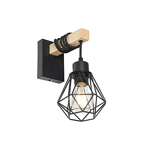 Qazqa - Landhaus I Vintage Ländliche Wandlampe schwarz mit Holz - Chon I Wohnzimmer I Schlafzimmer - Stahl Länglich - LED geeignet E27 von Qazqa