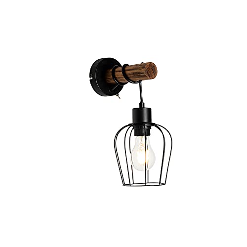 Qazqa - Landhaus I Vintage Ländliche Wandlampe schwarz mit Holz - Stronk I Wohnzimmer I Schlafzimmer - Rund - LED geeignet E27 von Qazqa