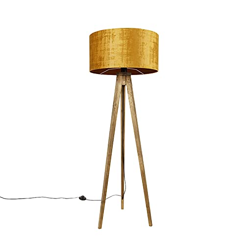 Qazqa - Landhaus I Vintage Ländliches Stativ Vintage Holz mit Gold I Messingschirm 50 cm - Tripod I Dreifuß Lampe I Dreifuss Classic I Wohnzimmer I Schlafzimmer - Rund - LED geeignet E27 von Qazqa