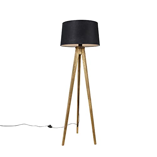 QAZQA - Landhaus I Vintage Ländliches Stativ Vintage Holz mit schwarzem Leinenschirm 45 cm - Tripod I Dreifuß Lampe I Dreifuss Classic I Wohnzimmer I Schlafzimmer - Länglich - LED geeignet E27 von Qazqa