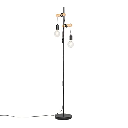 Qazqa - Landhaus I Vintage Land Stehlampe schwarz mit Holz 2-Licht - Dami I Wohnzimmer I Schlafzimmer - Stahl Länglich - LED geeignet E27 von Qazqa