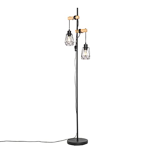 Qazqa - Landhaus I Vintage Land Stehlampe schwarz mit Holz 2 Lichter mit Schatten - Dami Frame I Wohnzimmer I Schlafzimmer - Stahl Länglich - LED geeignet E27 von Qazqa