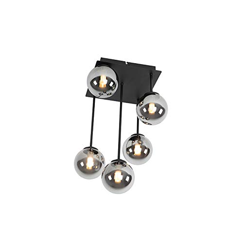 Qazqa - Landhaus I Vintage Moderne Deckenleuchte I Deckenlampe I Lampe I Leuchte schwarz 5-flammig-Licht mit Rauchglas - Athen I Wohnzimmer I Schlafzimmer - Rund - LED geeignet G9 von Qazqa
