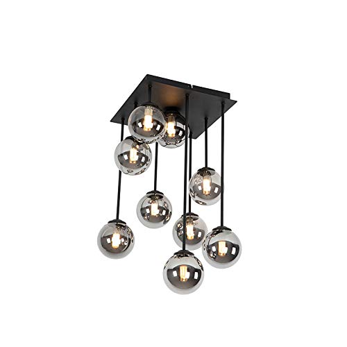 Qazqa - Landhaus I Vintage Moderne Deckenleuchte I Deckenlampe I Lampe I Leuchte schwarz 9-Licht mit Rauchglas - Athen I Schlafzimmer - Rund - LED geeignet G9 von Qazqa