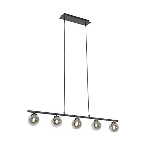 Qazqa - Landhaus I Vintage Moderne Hängelampe I Pendellampe I Pendelleuchte schwarz 100 cm 5-flammig-Licht mit Rauchglas - Athen I Wohnzimmer I Schlafzimmer - Länglich - LED geeignet G9 von Qazqa