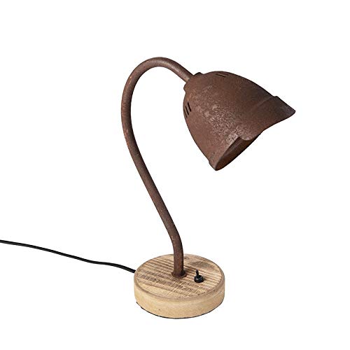 Qazqa - Landhaus I Vintage Rustikale Nachttischlampe | Tischleuchte I Tischlampe I Lampe I Leuchte Rostbraun mit Holzfuß - Rax I Wohnzimmer I Schlafzimmer - Stahl Rund - LED geeignet GU10 von Qazqa