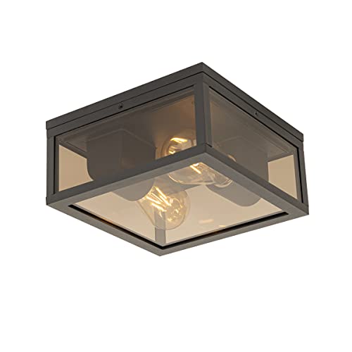 Qazqa - Modern Außen Deckenleuchte I Deckenlampe I Lampe I Leuchte schwarz mit Rauchglas 2-flammig IP44 - Charlois I Außenbeleuchtung - Aluminium Quadratisch - LED geeignet E27 von Qazqa