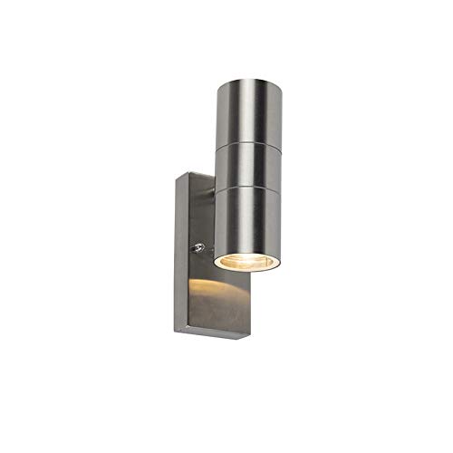Qazqa - Modern Außen Wandleuchte Stahl I Silber I nickel matt 2-flammig IP44 mit Dämmerungssensor - Duo I Außenbeleuchtung I Up & Down - Edelstahl Rund - LED geeignet GU10 von Qazqa