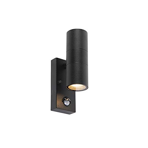 Qazqa - Modern Außen Wandleuchte schwarz 2-flammig mit Bewegungssensor IP44 - Duo I Außenbeleuchtung I Up & Down - Edelstahl Zylinder - LED geeignet GU10 von Qazqa