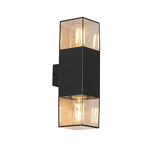 Qazqa - Modern Außen Wandleuchte schwarz mit Rauchschirm 2-flammig IP44 - Dänemark I Außenbeleuchtung I Up & Down - Aluminium Länglich - LED geeignet E27 von Qazqa
