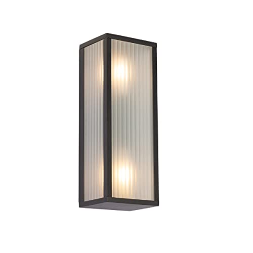 Qazqa - Modern Außen Wandleuchte schwarz mit geripptem Glas 2-flammig IP44 - Charlois I Außenbeleuchtung - Aluminium Länglich - LED geeignet E27 von Qazqa