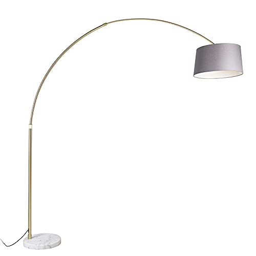 Qazqa - Modern Bogenlampe Messing mit Marmorstoffschirm grau 45 cm - XXL I Wohnzimmer I Schlafzimmer - Stahl Länglich - LED geeignet E27 von Qazqa