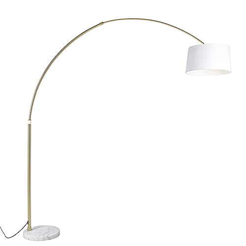 Qazqa - Modern Bogenlampe Messing mit weißem Stoffschirm weiß 50 cm - XXL I Wohnzimmer I Schlafzimmer - Stahl Länglich - LED geeignet E27 von Qazqa