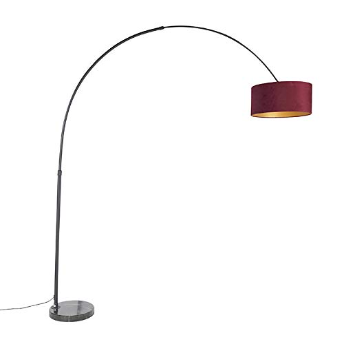 Qazqa - Modern Bogenleuchte I Bogenlampe I Lampe I Leuchte Schwarzer Samt-Schirm Rot mit Gold I Messing 50 cm - XXL I Wohnzimmer I Schlafzimmer - Stahl Länglich I Zylinder I Rund - LED geeignet E27 von Qazqa