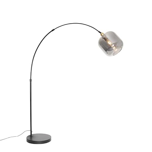 Qazqa - Modern Bogenlampe schwarz mit Gold I Messing mit Rauchglas - Zuzanna I Wohnzimmer I Schlafzimmer - Länglich - LED geeignet E27 von Qazqa