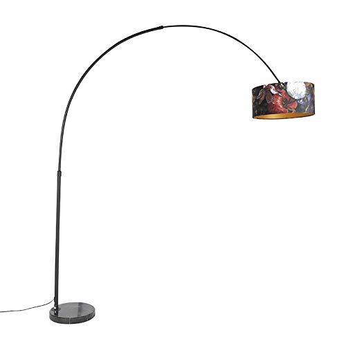 Qazqa - Modern Bogenlampe schwarzer Veloursschirm Blumenmuster 50 cm - XXL I Wohnzimmer I Schlafzimmer - Stahl Länglich I Zylinder I Rund - LED geeignet E27 von Qazqa