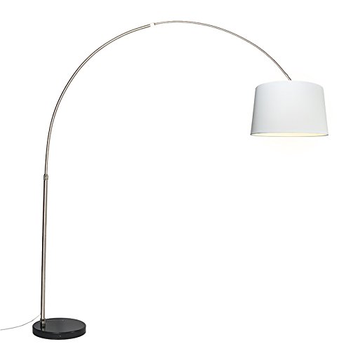 Qazqa - Modern Bogenleuchte I Bogenlampe I Lampe I Leuchte Stahl I Silber I nickel matt Stoffschirm weiß 45 cm - XXL I Wohnzimmer - Stahl Länglich - LED geeignet E27 Qazqa - Modern Bogenleuchte I Bogenlampe I Lampe I Leuchte Stahl I Silber I nickel matt Stoffschirm weiß 45 cm - XXL I Wohnzimmer - Stahl Länglich - LED geeignet E27 von Qazqa