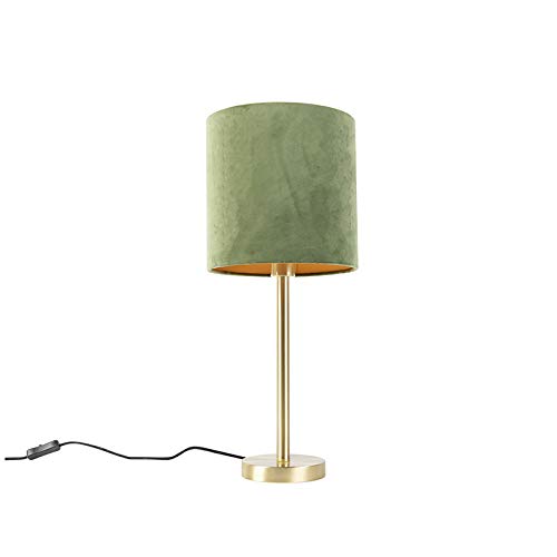 Qazqa - Modern Botanische Tischleuchte I Tischlampe I Lampe I Leuchte Messing mit grünem Schirm 25 cm - Simplo I Wohnzimmer I Schlafzimmer - Textil Zylinder - LED geeignet E27 von Qazqa