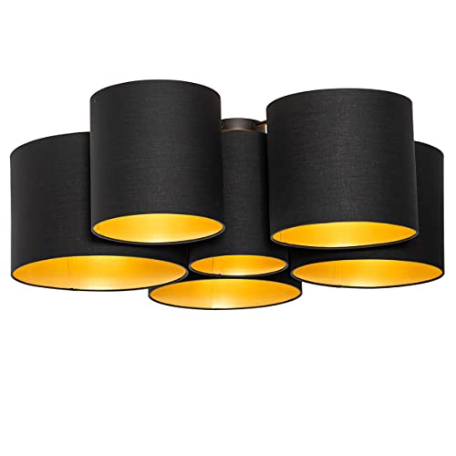 Qazqa - Modern Deckenleuchte I Deckenlampe I Lampe I Leuchte schwarz mit Gold I Messing innen 6 Lichter - MultiDrum mit Schirm I Wohnzimmer I Schlafzimmer - Textil Rund - LED geeignet E27 von Qazqa