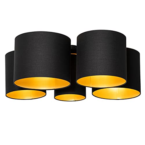Qazqa - Modern Deckenleuchte I Deckenlampe I Lampe I Leuchte schwarz mit Gold I Messingener Innenseite 5-flammig - MultiDrum mit Schirm I Wohnzimmer I Schlafzimmer - Textil Rund - LED geeignet E27 von Qazqa