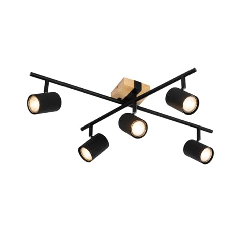Qazqa - Modern Deckenleuchte I Deckenlampe I Lampe I Leuchte schwarz mit Holz 5-flammig verstellbar rechteckig - Jeana I Wohnzimmer I Schlafzimmer - Stahl Quadratisch - LED geeignet GU10 von Qazqa