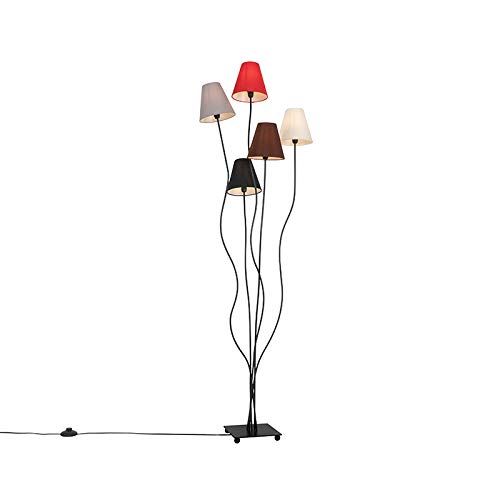 Qazqa - Modern Design Stehleuchte I Stehlampe I Standleuchte I Lampe I Leuchte schwarz mit Stoffschirm 5-flammig - Melis I Wohnzimmer I Schlafzimmer - Textil Länglich - LED geeignet E14 von Qazqa
