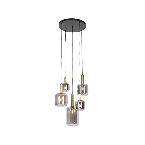 Qazqa - Modern Hängelampe I Pendellampe I Pendelleuchte schwarz mit Gold I Messing mit Rauchglas 5-flammig – Zuzanna I Wohnzimmer I Schlafzimmer - Rund - LED geeignet E27 von Qazqa