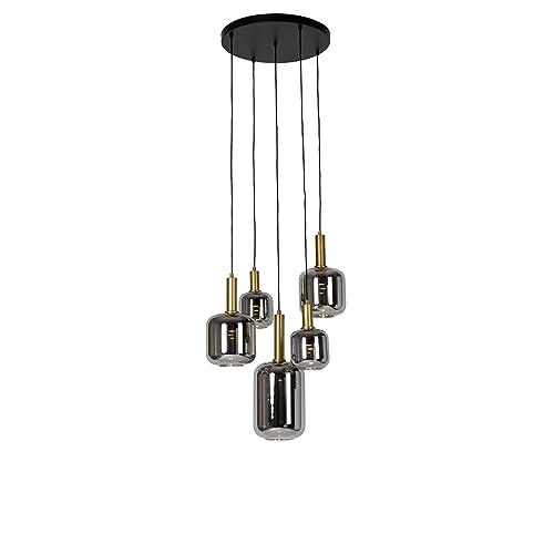 Qazqa - Modern Hängelampe I Pendellampe I Pendelleuchte schwarz mit Gold I Messing mit Rauchglas inkl. 5-flammig PUCC - Zuzanna I Wohnzimmer I Schlafzimmer - Rund - LED geeignet E27 von Qazqa
