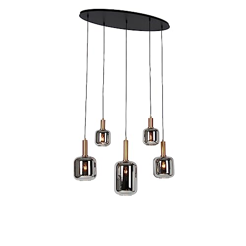 Qazqa - Modern Hängelampe I Pendellampe I Pendelleuchte schwarz mit Gold I Messing und Rauchglas oval 5-flammig – Zuzanna I Wohnzimmer I Schlafzimmer - Oval - LED geeignet E27 von Qazqa
