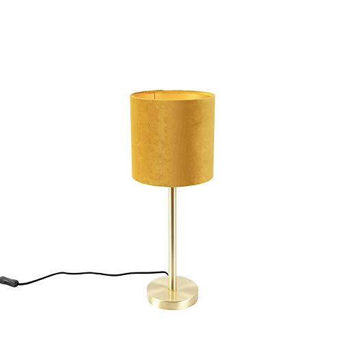 Qazqa - Modern Messing Tischlampe mit gelbem Schirm 20 cm - Simplo I Wohnzimmer I Schlafzimmer - Stahl Zylinder I Rund - LED geeignet E27 von Qazqa