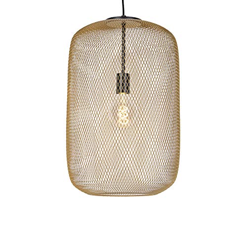 Qazqa - Modern Modernes Schwarz mit Gold I Messingener Hängelampe I Pendellampe I Pendelleuchte - Bliss Mesh I Wohnzimmer I Schlafzimmer - Stahl Zylinder I Länglich - LED geeignet E27 von Qazqa