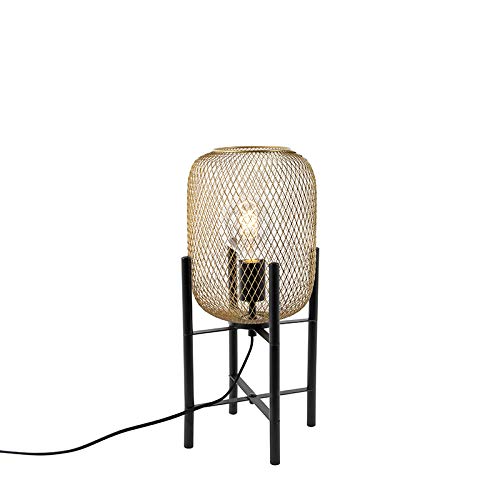 Qazqa - Modern Modernes Schwarz mit Gold I Messingener Tischlampe - Bliss Mesh I Wohnzimmer I Schlafzimmer - Stahl Rund - LED geeignet E27 von Qazqa