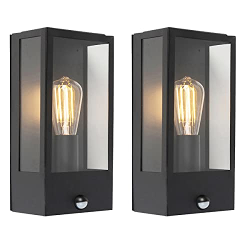 Qazqa - Modern Set mit 2 Außen Wandlampen schwarz mit Bewegungsmelder - Rotterdam I Außenbeleuchtung - Edelstahl Rechteckig - LED geeignet E27 von Qazqa
