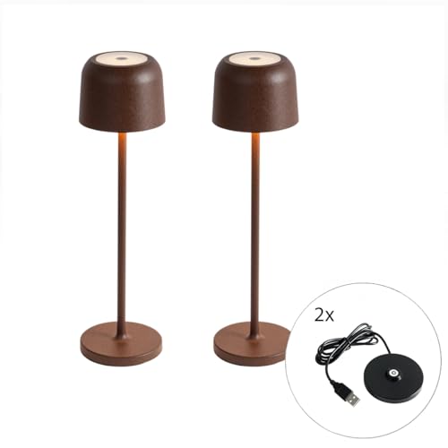 Qazqa - Modern Set mit 2 Tischlampen Pilz Rostbraun inkl. Ladestation - Raika Touch-funktion Dimmer I Dimmbar I Außenbeleuchtung - Aluminium Länglich - I LED von Qazqa