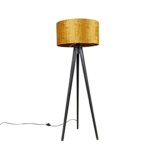 Qazqa - Modern Stehlampe Stativ schwarz mit Schirm Gold I Messing 50 cm - Tripod I Dreifuß Lampe I Dreifuss Classic I Wohnzimmer I Schlafzimmer - Holz Rund - LED geeignet E27 von Qazqa
