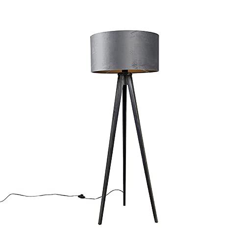 Qazqa - Modern Stehlampe Stativ schwarz mit Schirm grau 50 cm - Tripod I Dreifuß Lampe I Dreifuss Classic I Wohnzimmer I Schlafzimmer - Holz Rund - LED geeignet E27 von Qazqa