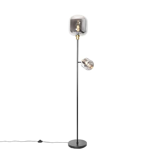 Qazqa - Modern Stehlampe schwarz mit Gold I Messing mit Rauchglas 2 Lichter - Zuzanna I Wohnzimmer I Schlafzimmer - Länglich - LED geeignet E14 von Qazqa
