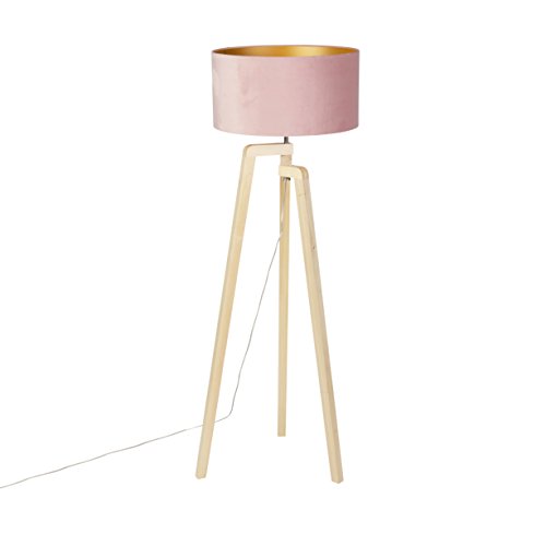 Qazqa - Modern Stehleuchte I Stehlampe I Standleuchte I Lampe I Leuchte Stativ Holz mit rosa Veloursschirm 50 cm - Puros I Wohnzimmer I Schlafzimmer - Rund - LED geeignet E27 von Qazqa