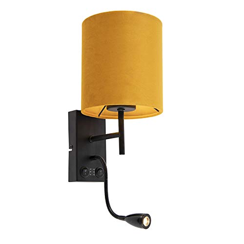 Qazqa - Modern Wandleuchte schwarz mit velourgelbem Schirm - Stacca I Wohnzimmer I Schlafzimmer - Stahl Zylinder - I E27 Qazqa - Modern Wandleuchte schwarz mit velourgelbem Schirm - Stacca I Wohnzimmer I Schlafzimmer - Stahl Zylinder - I E27 von Qazqa