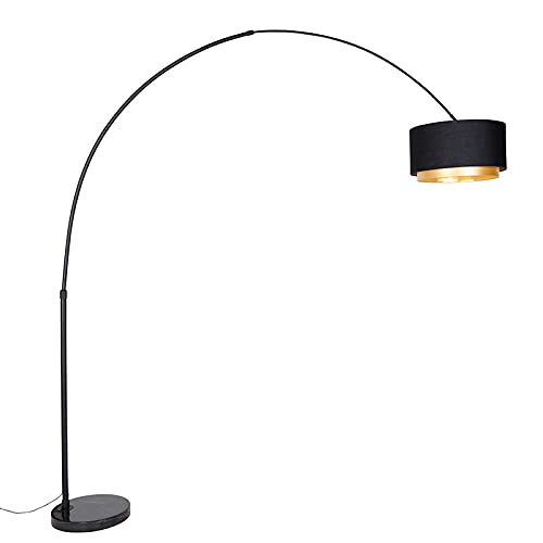 Qazqa - Moderne Bogenlampe schwarz mit Duo-Schirm schwarz mit Gold I Messing - XXL I Wohnzimmer I Schlafzimmer - Stahl Länglich - LED geeignet E27 von Qazqa