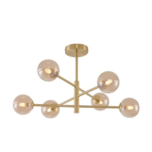 Qazqa - Moderne Deckenleuchte I Deckenlampe I Lampe I Leuchte Messing mit bernsteinfarbenem Glas 6-flammig - Ryan I Wohnzimmer I Schlafzimmer - Metall Kugel I Kugelförmig I Länglich - LED geeignet G9 Qazqa - Moderne Deckenleuchte I Deckenlampe I Lampe I Leuchte Messing mit bernsteinfarbenem Glas 6-flammig - Ryan I Wohnzimmer I Schlafzimmer - Metall Kugel I Kugelförmig I Länglich - LED geeignet G9 von Qazqa