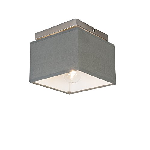 Qazqa - Moderne Deckenleuchte I Deckenlampe I Lampe I Leuchte stahl I nickel matt mit grauem Schirm - VT I Wohnzimmer I Schlafzimmer - Textil Quadratisch - LED geeignet E27 von Qazqa