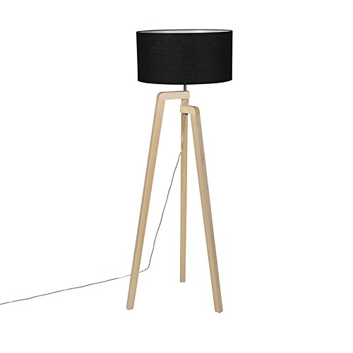 Qazqa - Moderne Stehleuchte I Stehlampe I Standleuchte I Lampe I Leuchte Holz mit schwarzem Schirm 45 cm - Puros I Schlafzimmer - Zylinder I Länglich - LED geeignet E27 von Qazqa