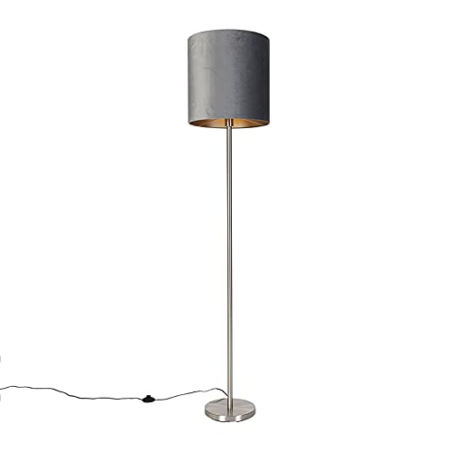 Qazqa - Moderne Stehleuchte I Stehlampe I Standleuchte I Lampe I Leuchte Stahl I Silber I nickel matt Stoffschirm grau 40 cm - Simplo I Wohnzimmer I Schlafzimmer - Textil Länglich - LED geeignet E27 von Qazqa