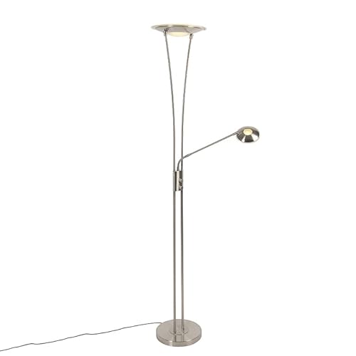 Qazqa - Moderne Stehleuchte I Stehlampe I Standleuchte I Lampe I Leuchte Stahl I Silber I nickel matt inkl. LED mit Lesearm - Ibiza Dimmer I Dimmbar I Wohnzimmer I Schlafzimmer I Deckenfluter - Stahl von Qazqa