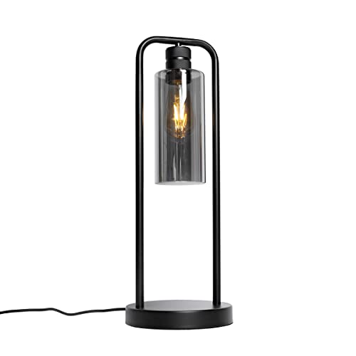 Qazqa - Moderne Tischlampe schwarz mit Rauchglas - Stavelot I Wohnzimmer I Schlafzimmer - Länglich - LED geeignet E27 von Qazqa