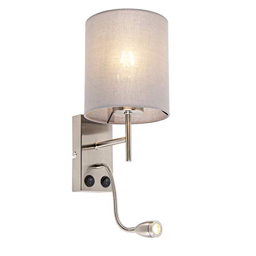 Qazqa - Moderne Wandleuchte aus Stahl I Silber I nickel matt mit baumwollgrauem Schirm - Stacca I Wohnzimmer I Schlafzimmer - Stahl Zylinder - I E27 Qazqa - Moderne Wandleuchte aus Stahl I Silber I nickel matt mit baumwollgrauem Schirm - Stacca I Wohnzimmer I Schlafzimmer - Stahl Zylinder - I E27 von Qazqa