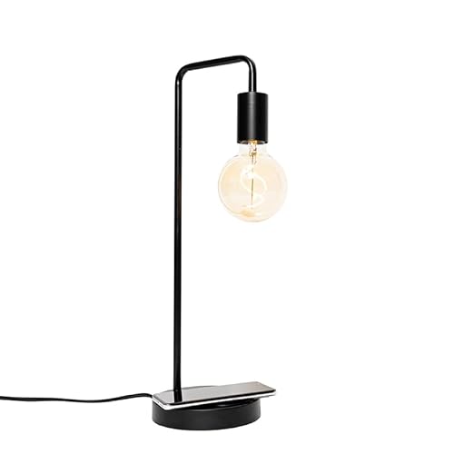 Qazqa - Moderne schwarze Tischlampe mit kabellosem Laden - Facil I Wohnzimmer I Schlafzimmer - Stahl Länglich - LED geeignet E27 von Qazqa